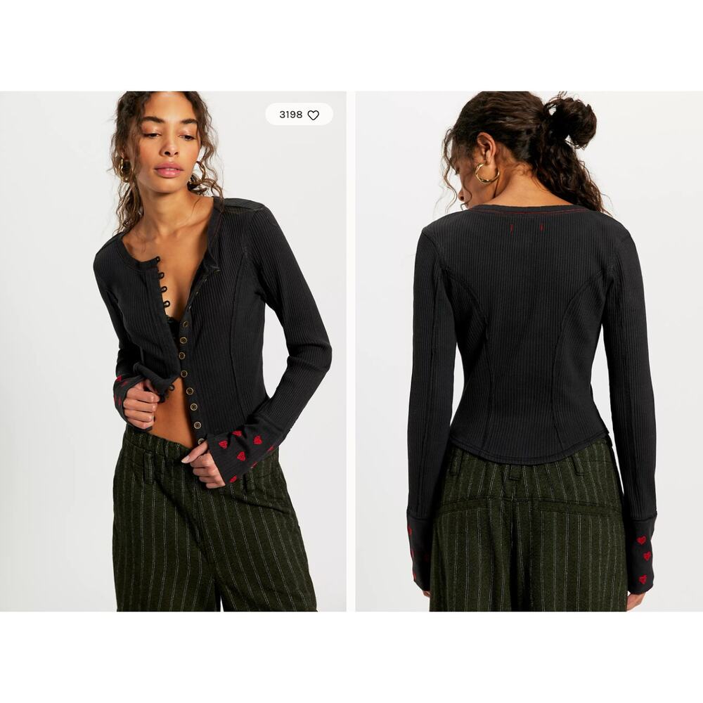 We The Free Daria Cuff Cardi | Black w/ Red Hearts | Size M